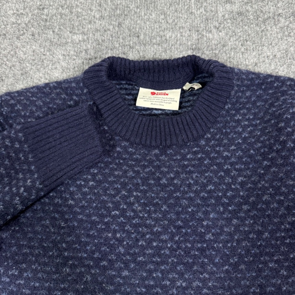 Fjallraven Ovik Knit Sweater G-1000 Elbow Patches Womens Small Blue Wool EUC